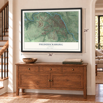 Fredericksburg, Virginia map, 24 x 36 inch print in a black frame above a dresser by a staircase