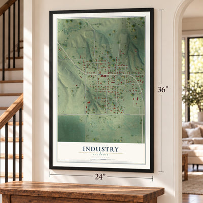Industry, Illinois map, 24 x 36 inch print in a black frame by a staircase