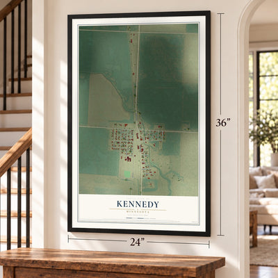 Kennedy, Minnesota map, 24 x 36 inch print in a black frame by a staircase