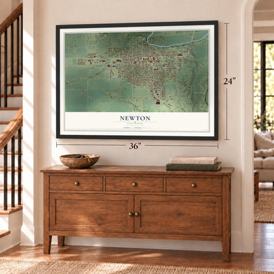 Newton, Illinois map, 24 x 36 inch print in a black frame above a dresser by a staircase