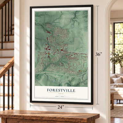 Forestville, Ohio map, 24 x 36 inch print in a black frame by a staircase