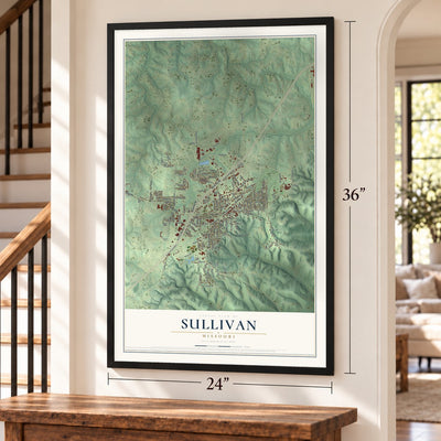 Sullivan, Missouri map, 24 x 36 inch print in a black frame by a staircase