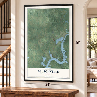 Wilsonville, Alabama map, 24 x 36 inch print in a black frame by a staircase