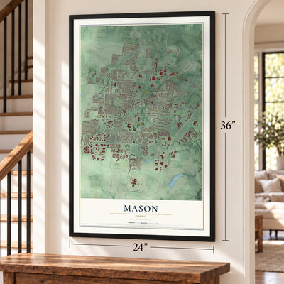 Mason, Ohio map, 24 x 36 inch print in a black frame by a staircase