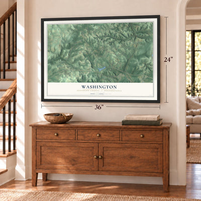 Washington, Jefferson County, Pennsylvania map, 24 x 36 inch print in a black frame above a dresser by a staircase
