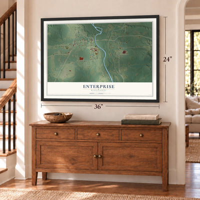 Enterprise, Mississippi map, 24 x 36 inch print in a black frame above a dresser by a staircase