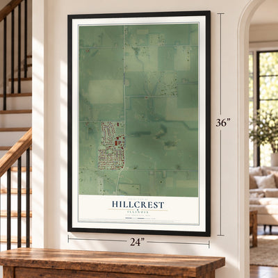 Hillcrest, Illinois map, 24 x 36 inch print in a black frame by a staircase