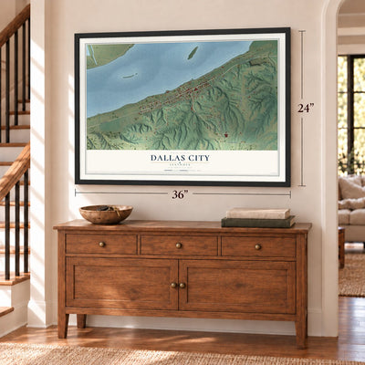 Dallas City, Illinois map, 24 x 36 inch print in a black frame above a dresser by a staircase