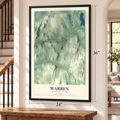 Warren, Massachusetts map, 24 x 36 inch print in a black frame by a staircase