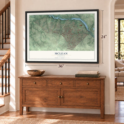 McLean, Virginia map, 24 x 36 inch print in a black frame above a dresser by a staircase