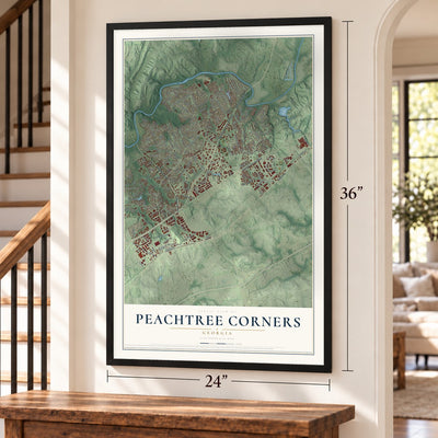 Peachtree Corners, Georgia map, 24 x 36 inch print in a black frame by a staircase
