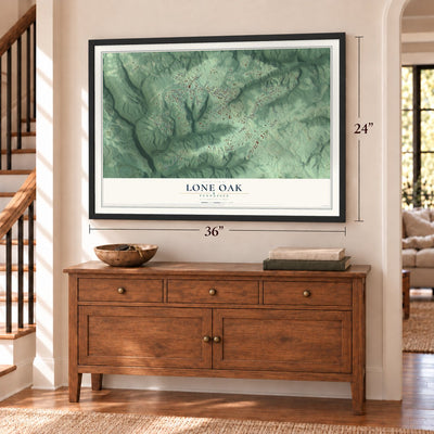 Lone Oak, Tennessee map, 24 x 36 inch print in a black frame above a dresser by a staircase