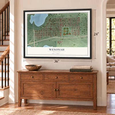 Wenonah, Minnesota map, 24 x 36 inch print in a black frame above a dresser by a staircase