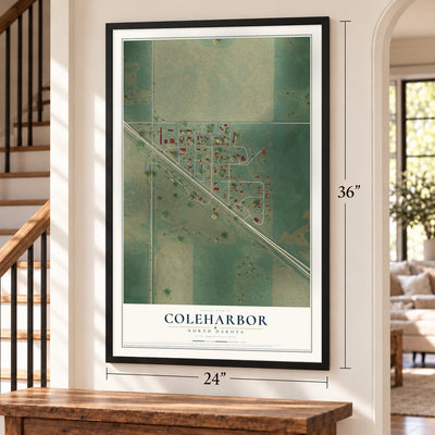 Coleharbor, North Dakota map, 24 x 36 inch print in a black frame by a staircase