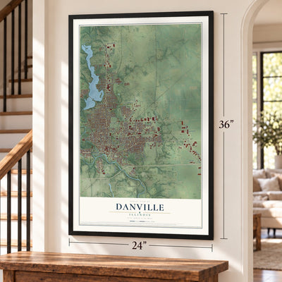 Danville, Illinois map, 24 x 36 inch print in a black frame by a staircase