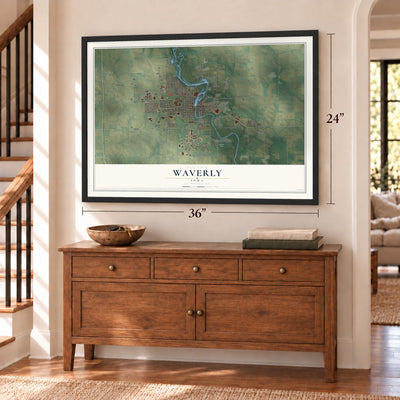 Waverly, Iowa map, 24 x 36 inch print in a black frame above a dresser by a staircase