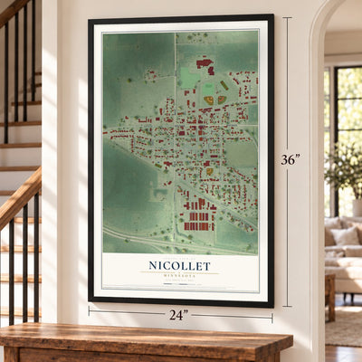 Nicollet, Minnesota map, 24 x 36 inch print in a black frame by a staircase