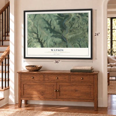 Watson, Lycoming County, Pennsylvania map, 24 x 36 inch print in a black frame above a dresser by a staircase