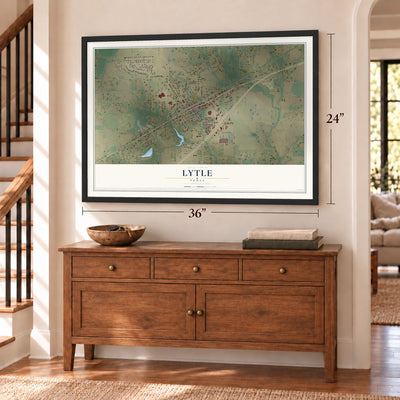 Lytle, Texas map, 24 x 36 inch print in a black frame above a dresser by a staircase