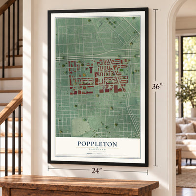 Poppleton, Maryland map, 24 x 36 inch print in a black frame by a staircase