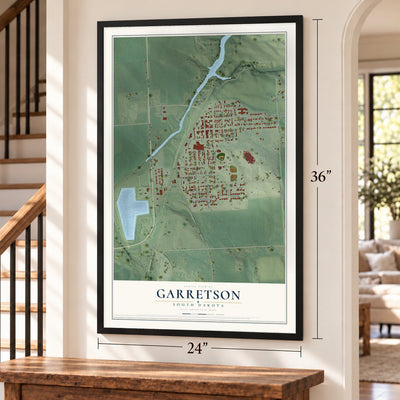 Garretson, South Dakota map, 24 x 36 inch print in a black frame by a staircase
