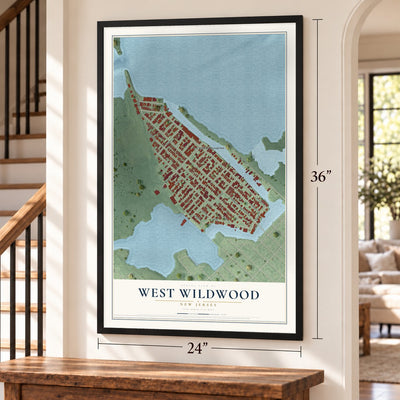 West Wildwood, New Jersey map, 24 x 36 inch print in a black frame by a staircase
