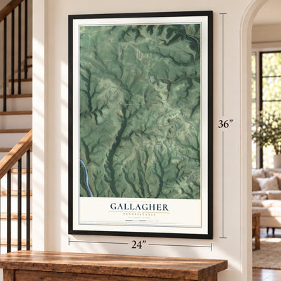 Gallagher, Pennsylvania map, 24 x 36 inch print in a black frame by a staircase