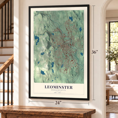 Leominster, Massachusetts map, 24 x 36 inch print in a black frame by a staircase