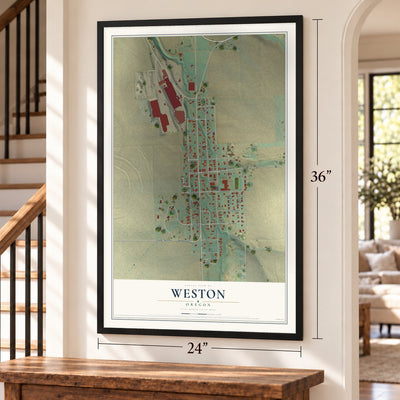 Weston, Oregon map, 24 x 36 inch print in a black frame by a staircase
