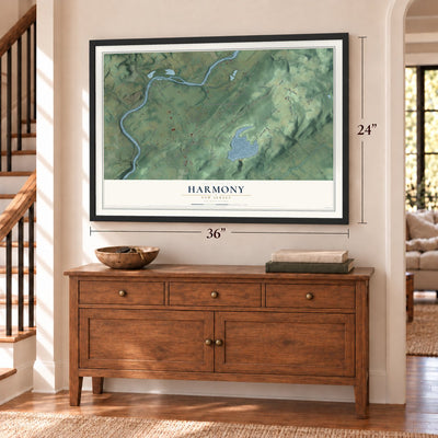 Harmony, New Jersey map, 24 x 36 inch print in a black frame above a dresser by a staircase