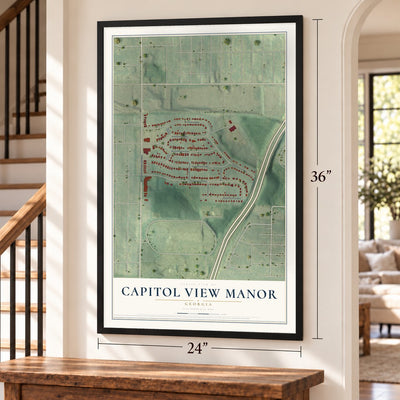 Capitol View Manor, Georgia map, 24 x 36 inch print in a black frame by a staircase