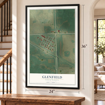 Glenfield, North Dakota map, 24 x 36 inch print in a black frame by a staircase