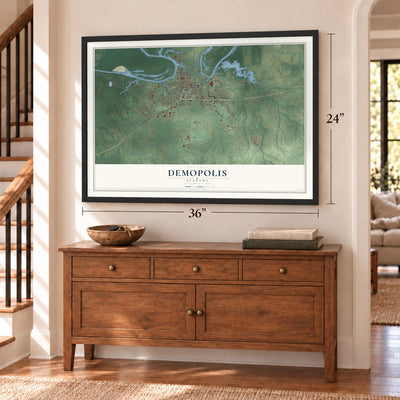 Demopolis, Alabama map, 24 x 36 inch print in a black frame above a dresser by a staircase