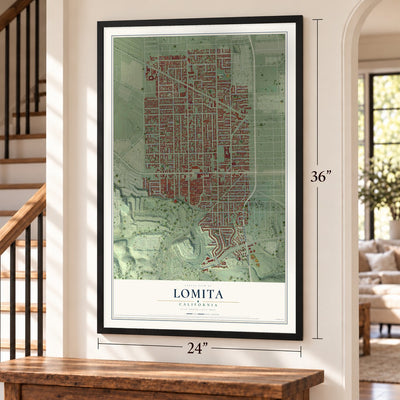 Lomita, California map, 24 x 36 inch print in a black frame by a staircase