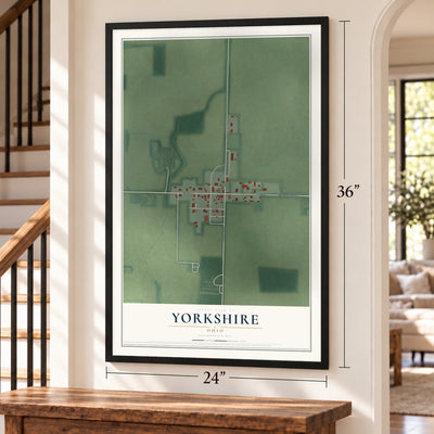 Yorkshire, Ohio map, 24 x 36 inch print in a black frame by a staircase