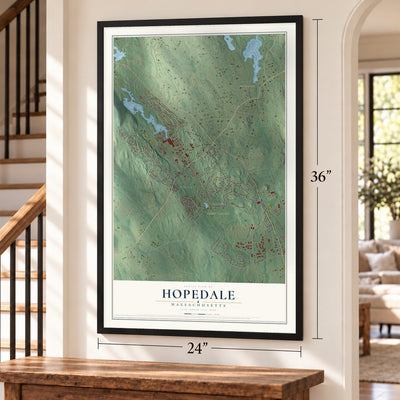 Hopedale, Massachusetts map, 24 x 36 inch print in a black frame by a staircase