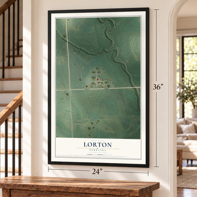 Lorton, Nebraska map, 24 x 36 inch print in a black frame by a staircase
