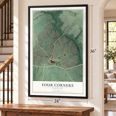 Four Corners, Maryland map, 24 x 36 inch print in a black frame by a staircase