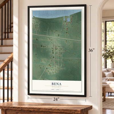 Bena, Minnesota map, 24 x 36 inch print in a black frame by a staircase