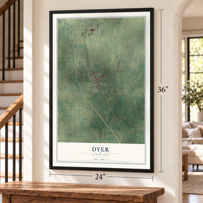Dyer, Tennessee map, 24 x 36 inch print in a black frame by a staircase