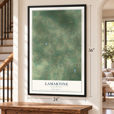 Lamartine, Wisconsin map, 24 x 36 inch print in a black frame by a staircase
