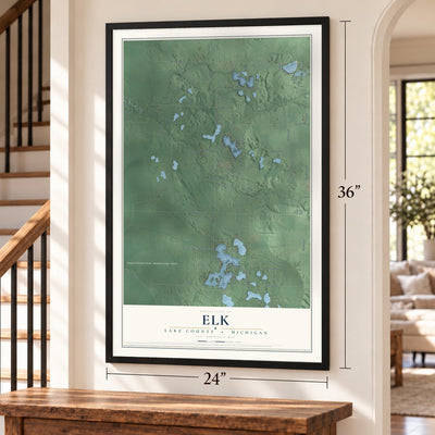 Elk, Lake County, Michigan map, 24 x 36 inch print in a black frame by a staircase