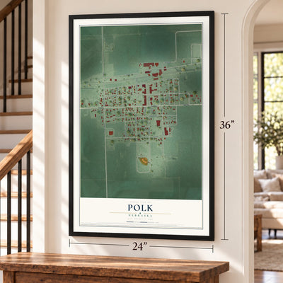 Polk, Nebraska map, 24 x 36 inch print in a black frame by a staircase