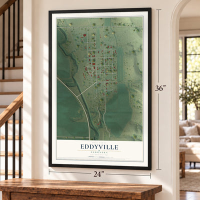 Eddyville, Nebraska map, 24 x 36 inch print in a black frame by a staircase