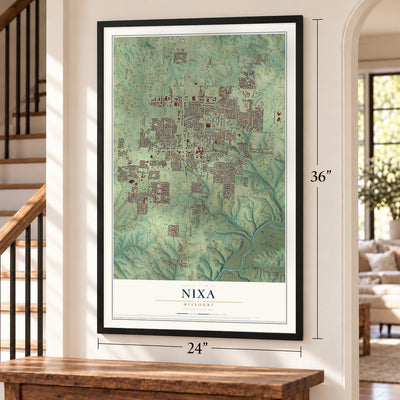 Nixa, Missouri map, 24 x 36 inch print in a black frame by a staircase