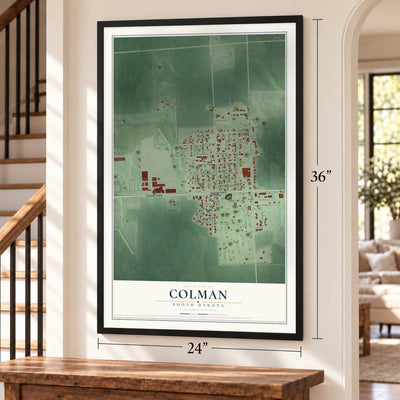 Colman, South Dakota map, 24 x 36 inch print in a black frame by a staircase