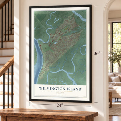 Wilmington Island, Georgia map, 24 x 36 inch print in a black frame by a staircase