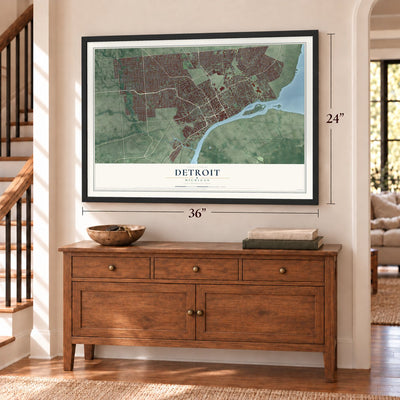 Detroit, Michigan map, 24 x 36 inch print in a black frame above a dresser by a staircase