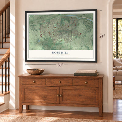 Rose Hill, Virginia map, 24 x 36 inch print in a black frame above a dresser by a staircase