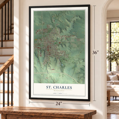 St. Charles, Minnesota map, 24 x 36 inch print in a black frame by a staircase